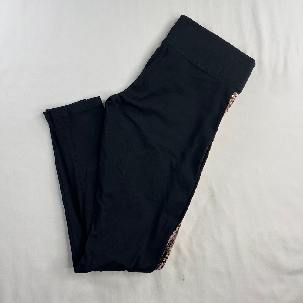 Victoria Secret Pink Yoga Leggings Medium Bling Black Gold Sequin